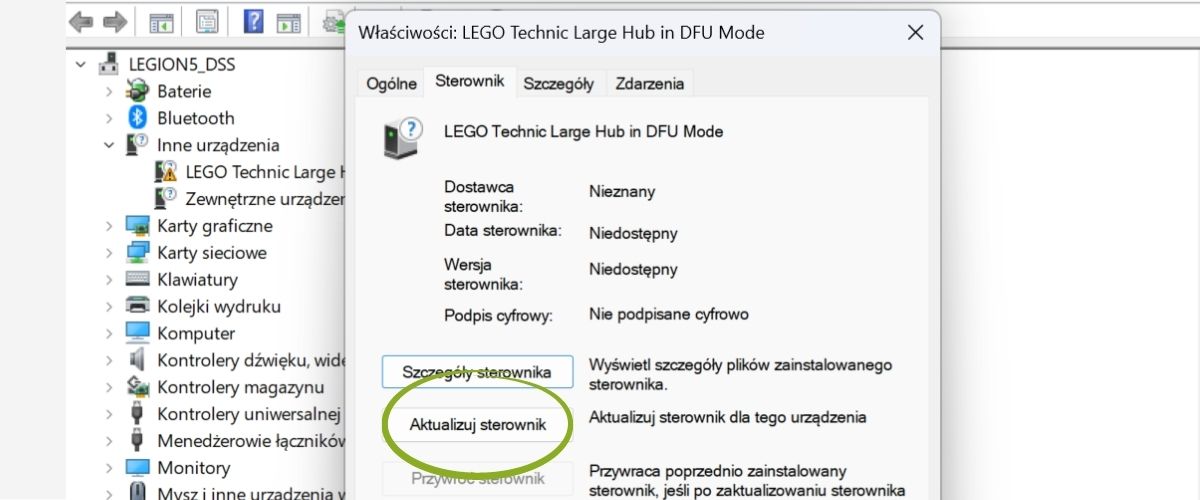 Ręczna instalacja sterownika hub SPIKE