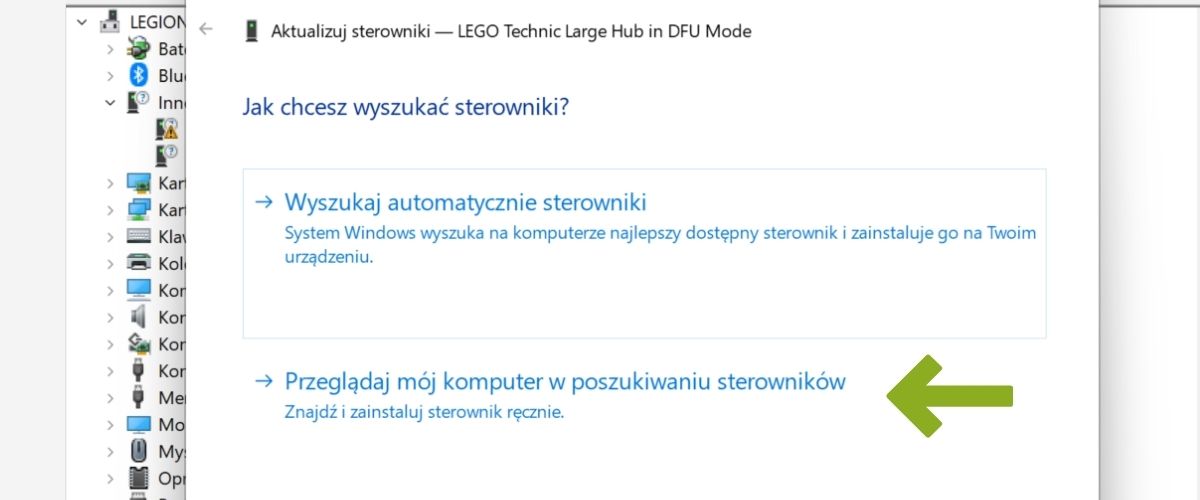 Ręczna instalacja sterownika hub SPIKE